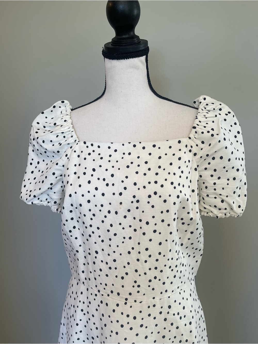 LOFT Cotton Linen Blend White Dress with Black Polka Dots